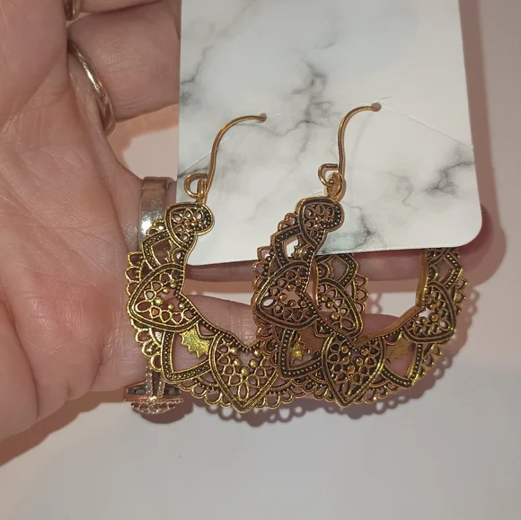 Gold Filigree Hoop Earrings - Picture 6 of 11